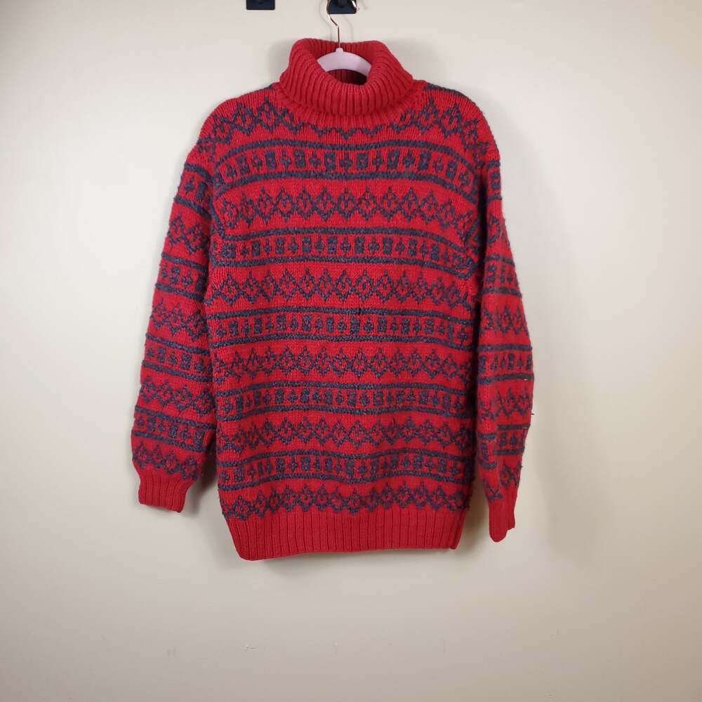 Vintage Gap Red Printed Wool Thick Knit Turtleneck Sweater Size M
